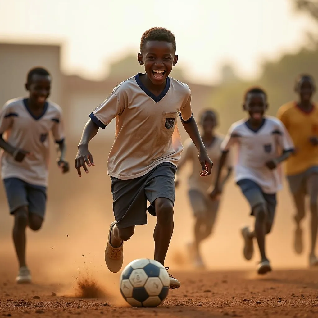 African boy playing soccer with a joyful expression