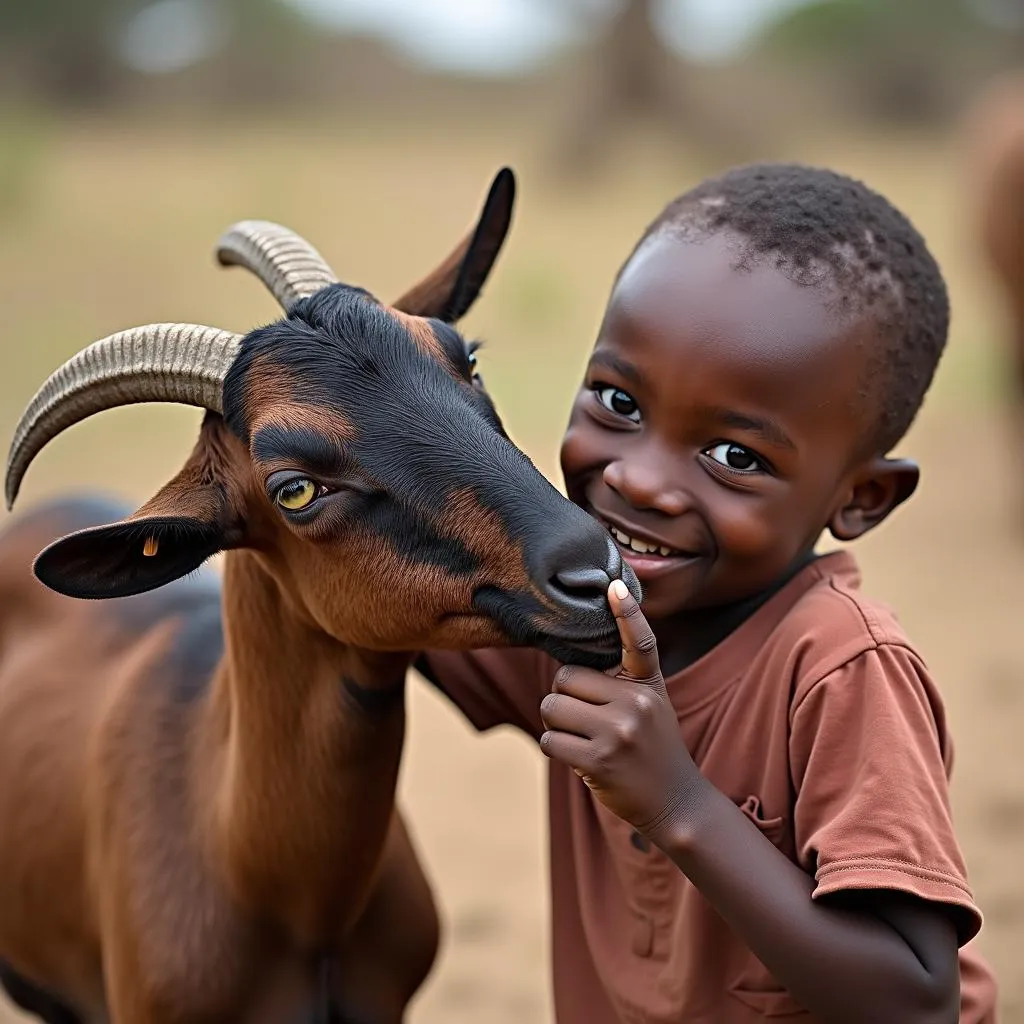 African boy playing with a goat with a hilarious expression