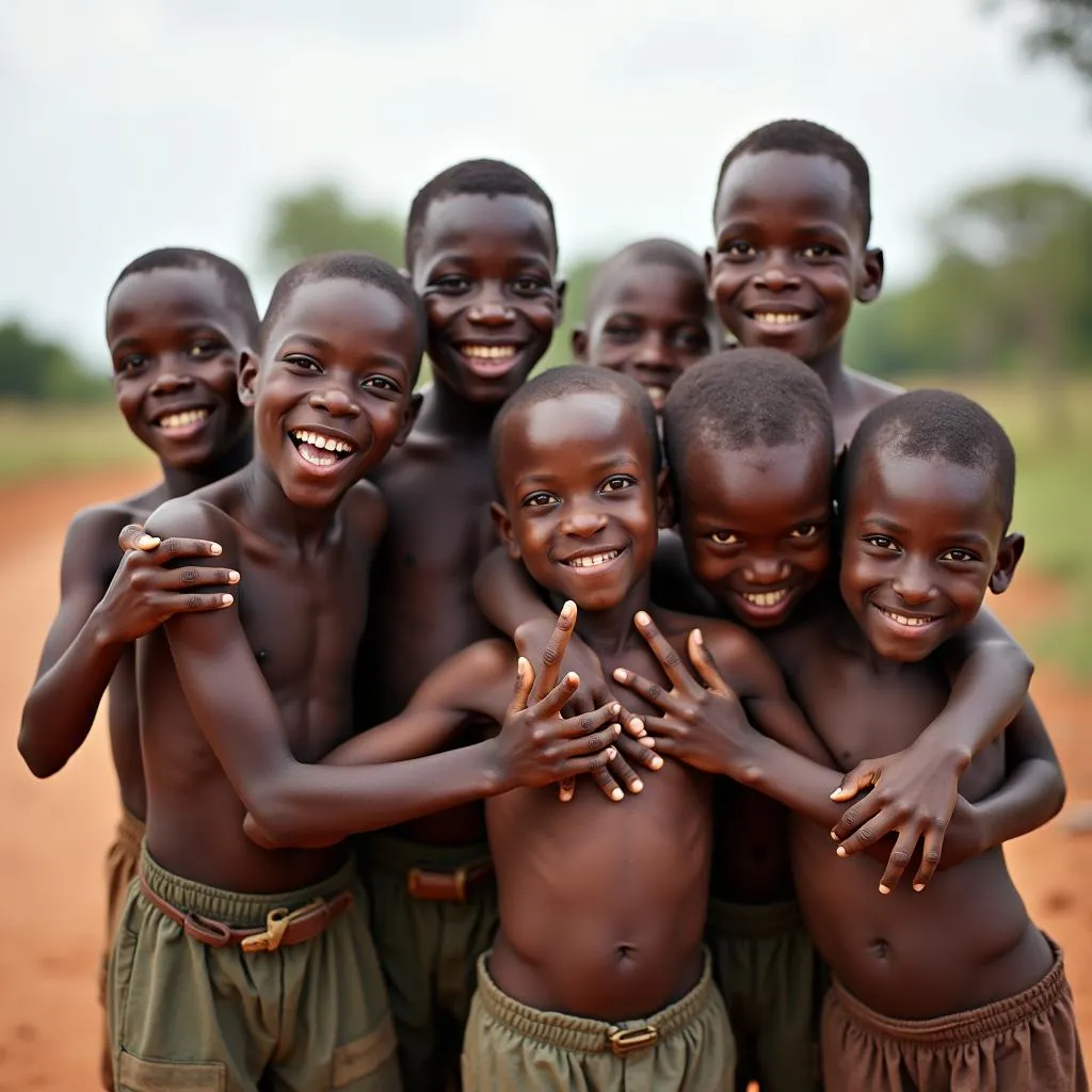 Hilarious African boy posing with friends