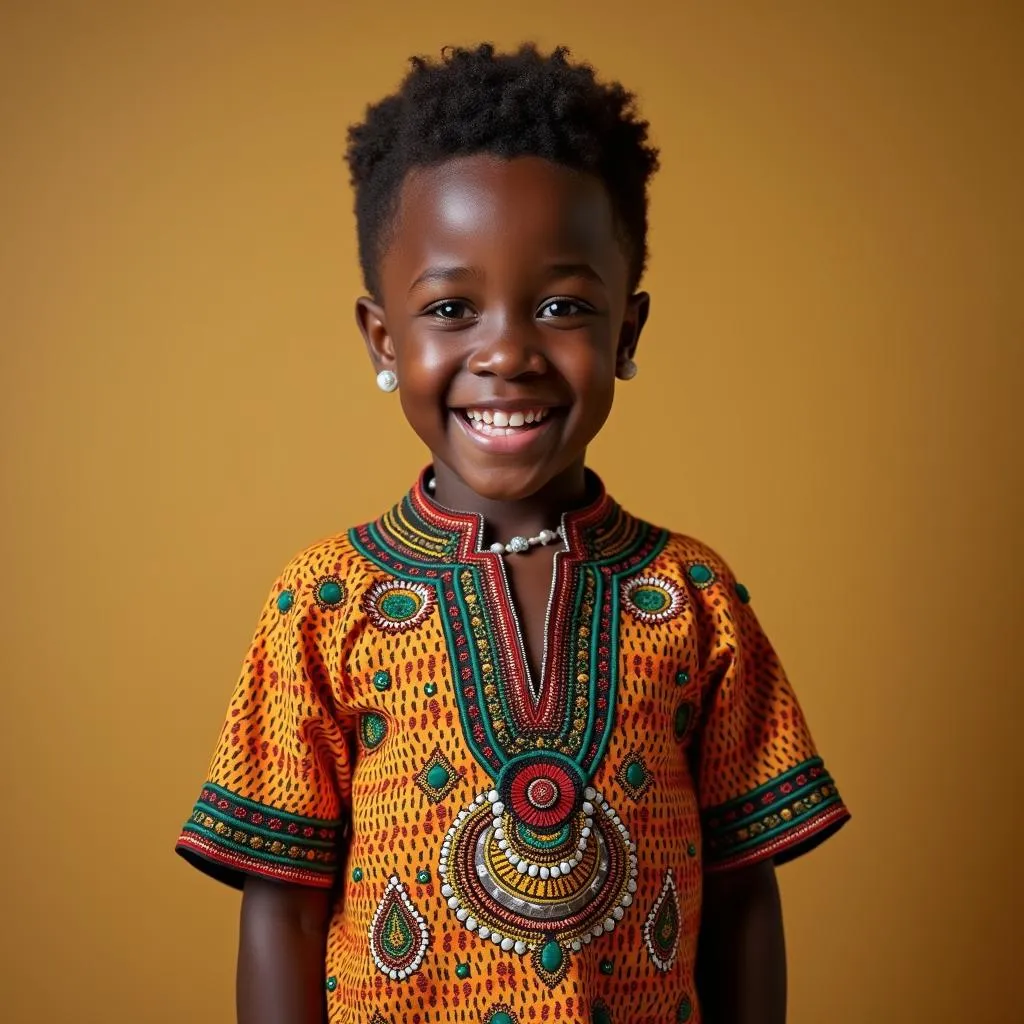 African boy wearing traditional clothes with a playful expression