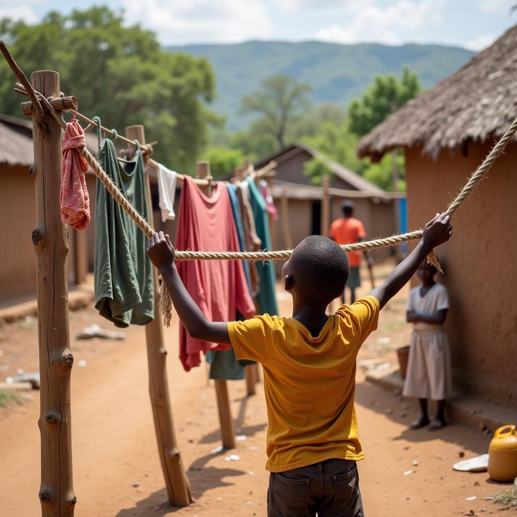 African Boy Using Improvised Clothesline