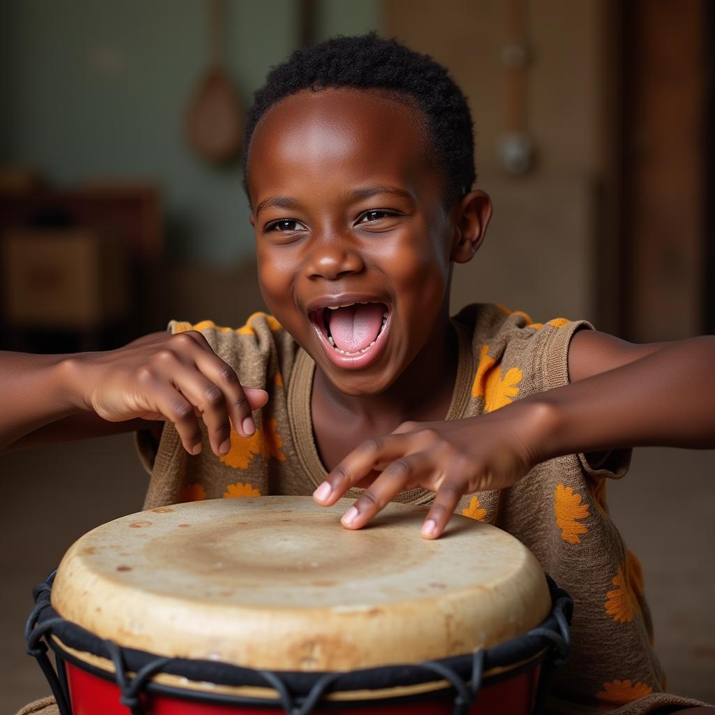 African Boy Playing Traditional Drums