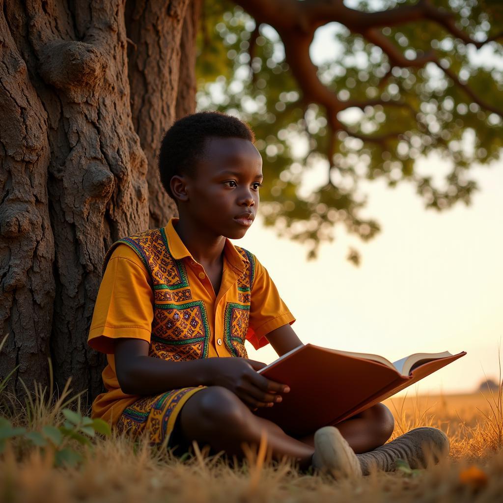 African Boy Reading Under Tree