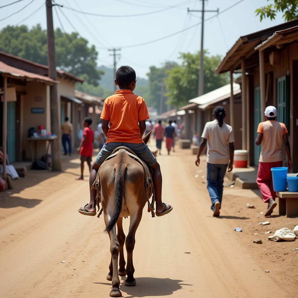 African Boy Riding Donkey in Village