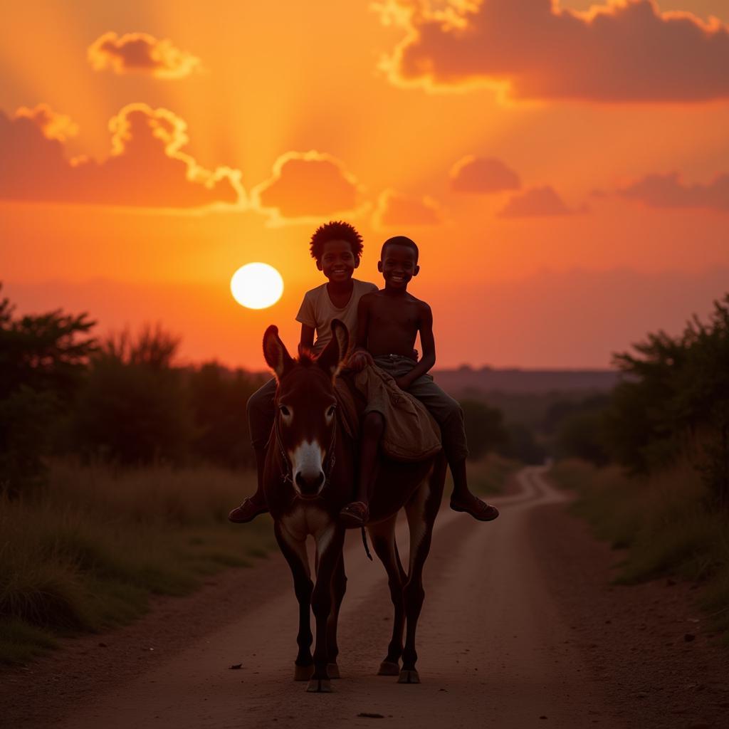 African Boy Smiling on Donkey at Sunset