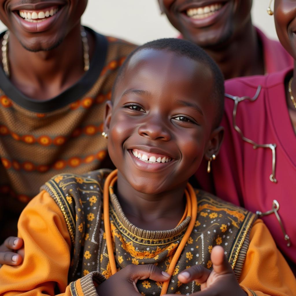 African Boy Smiling with Family in Traditional Attire