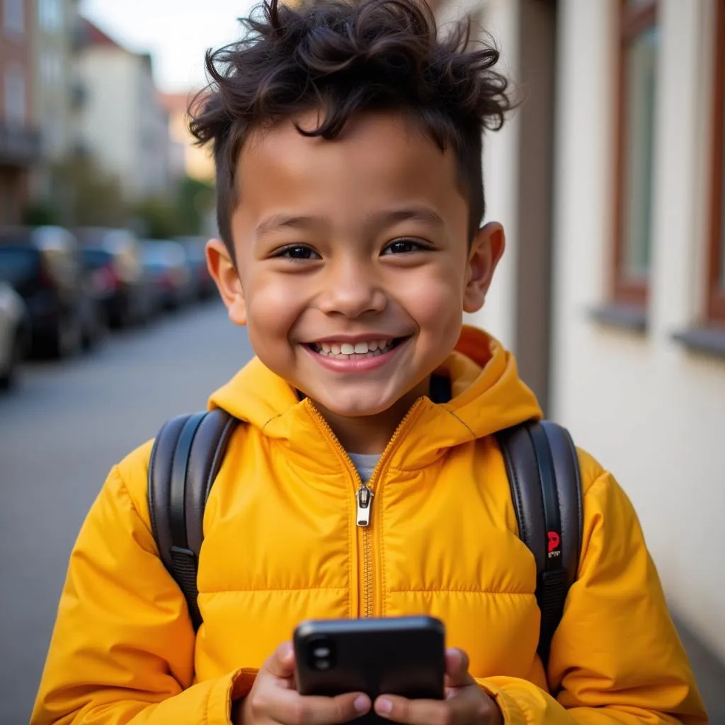 An African boy smiles at the camera while holding a mobile phone