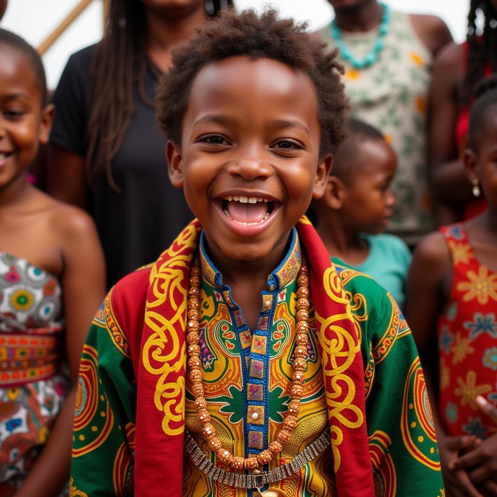 African boy with a long name celebrating at a traditional ceremony