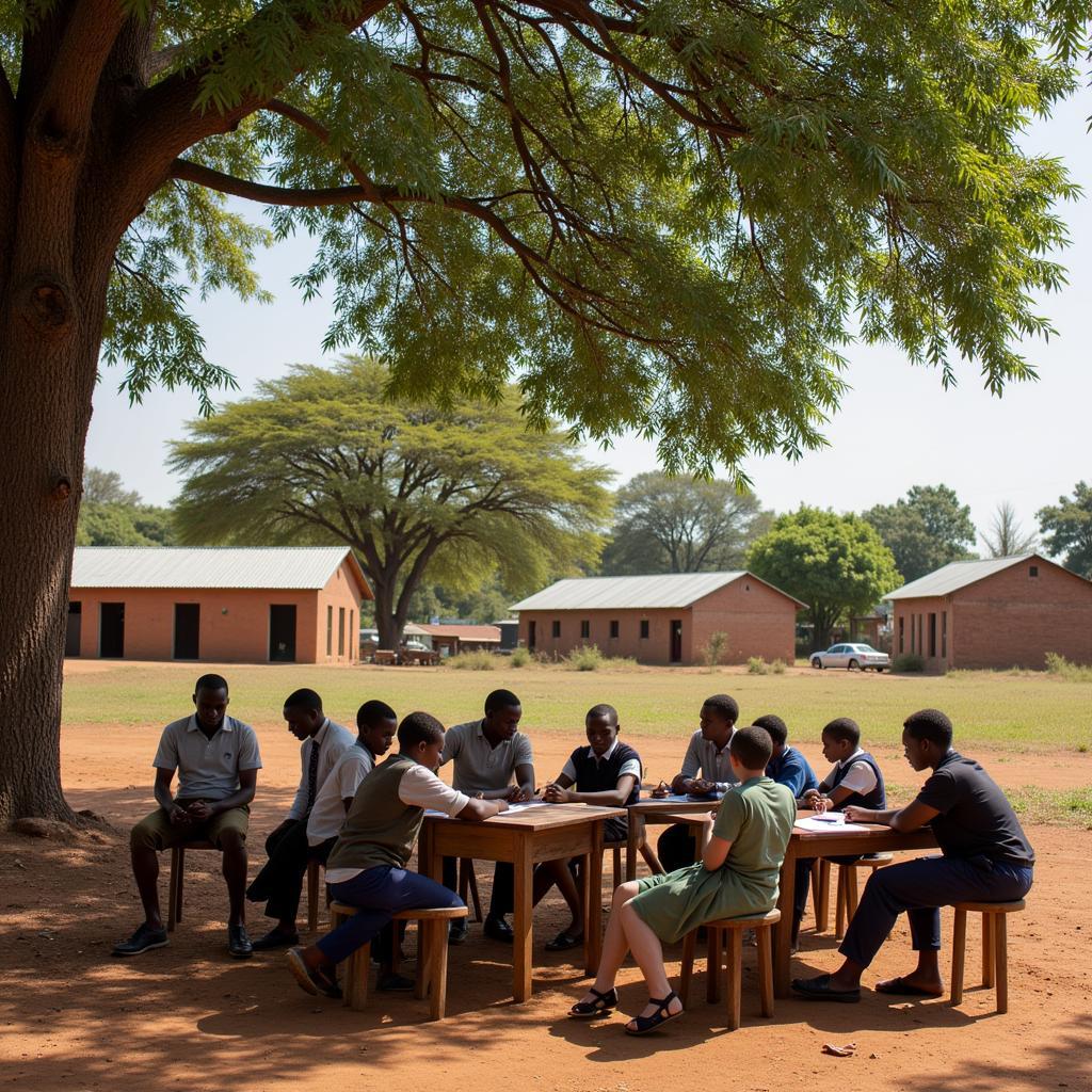 Three African boys studying together under a tree, with books and notebooks spread out around them