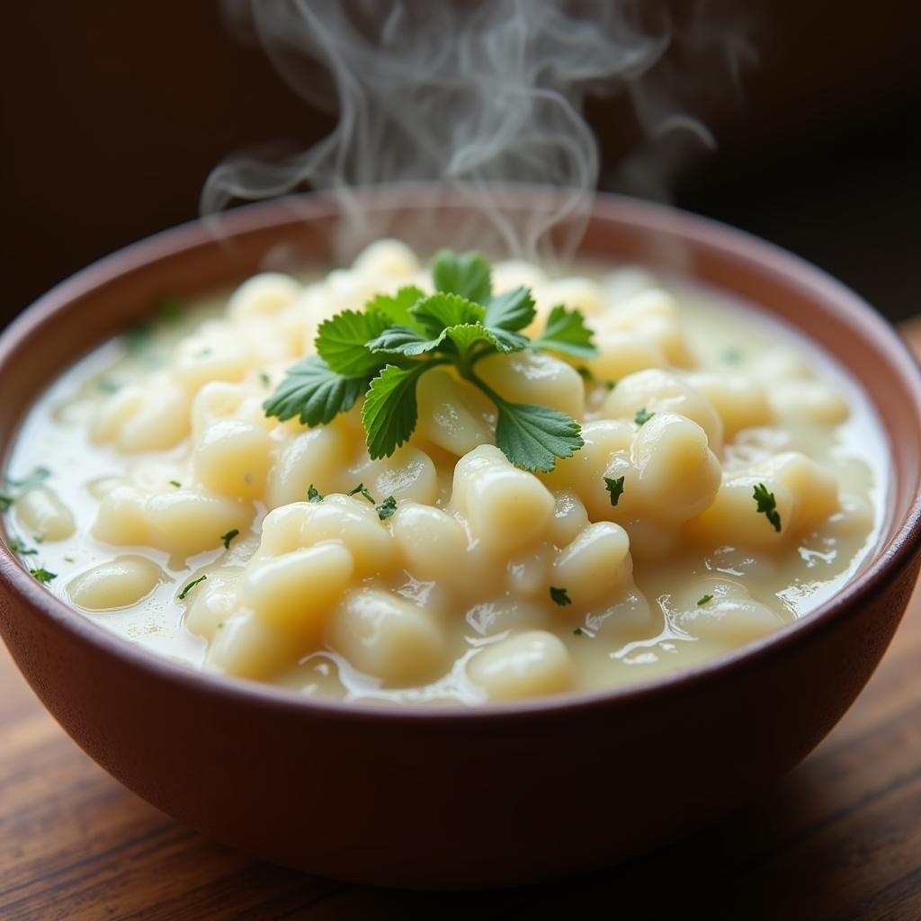 A steaming bowl of African breadfruit porridge garnished with fresh herbs.