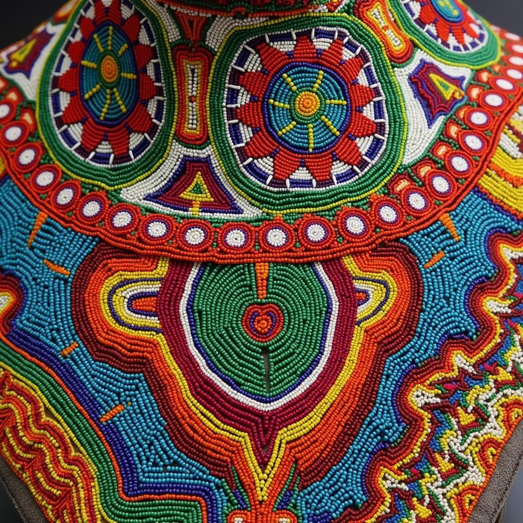 Close-up of intricate beadwork on an African breast plate top