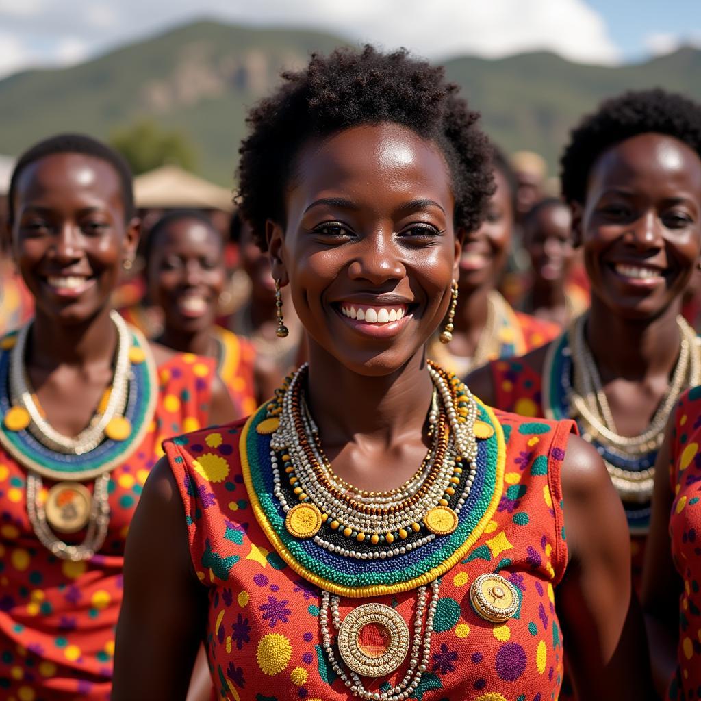 Women adorned in traditional African breast plate tops during a cultural ceremony