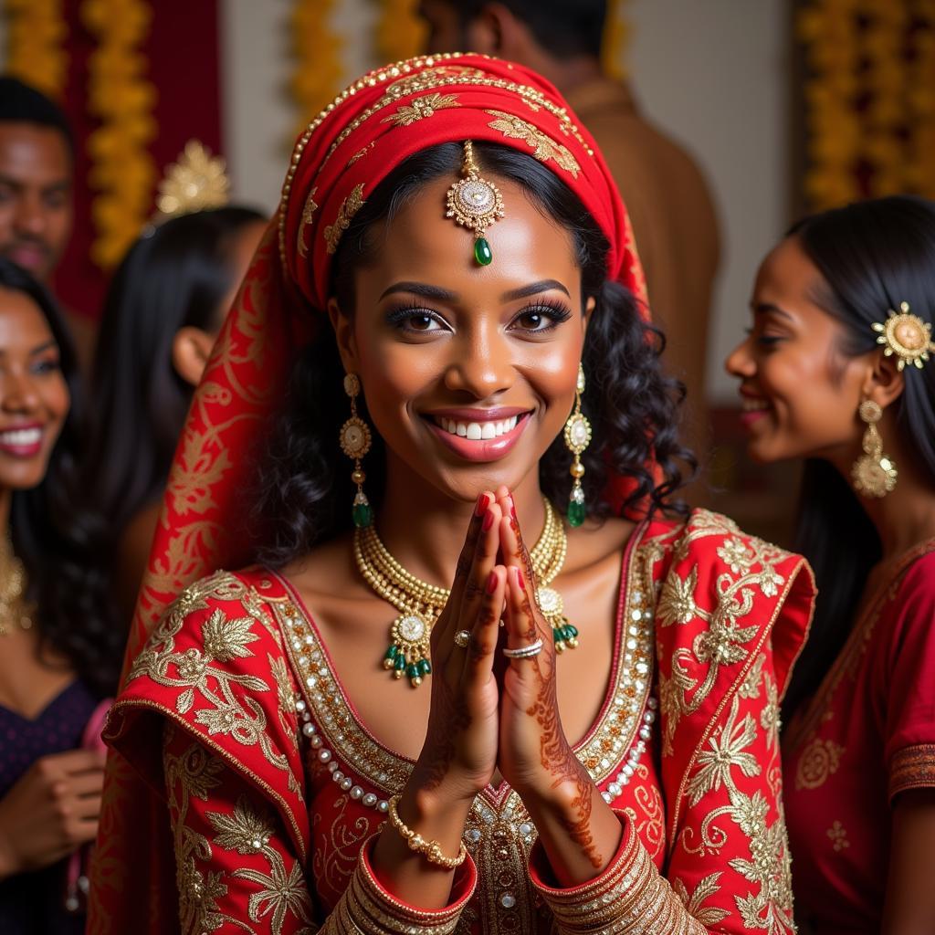 An African bride adorned with elaborate henna designs during her wedding ceremony