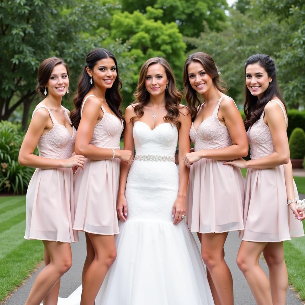 Outdoor Wedding with Bridesmaids in Short Dresses