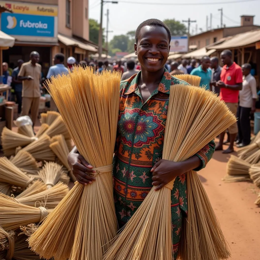 African Broom Vendor in Local Market