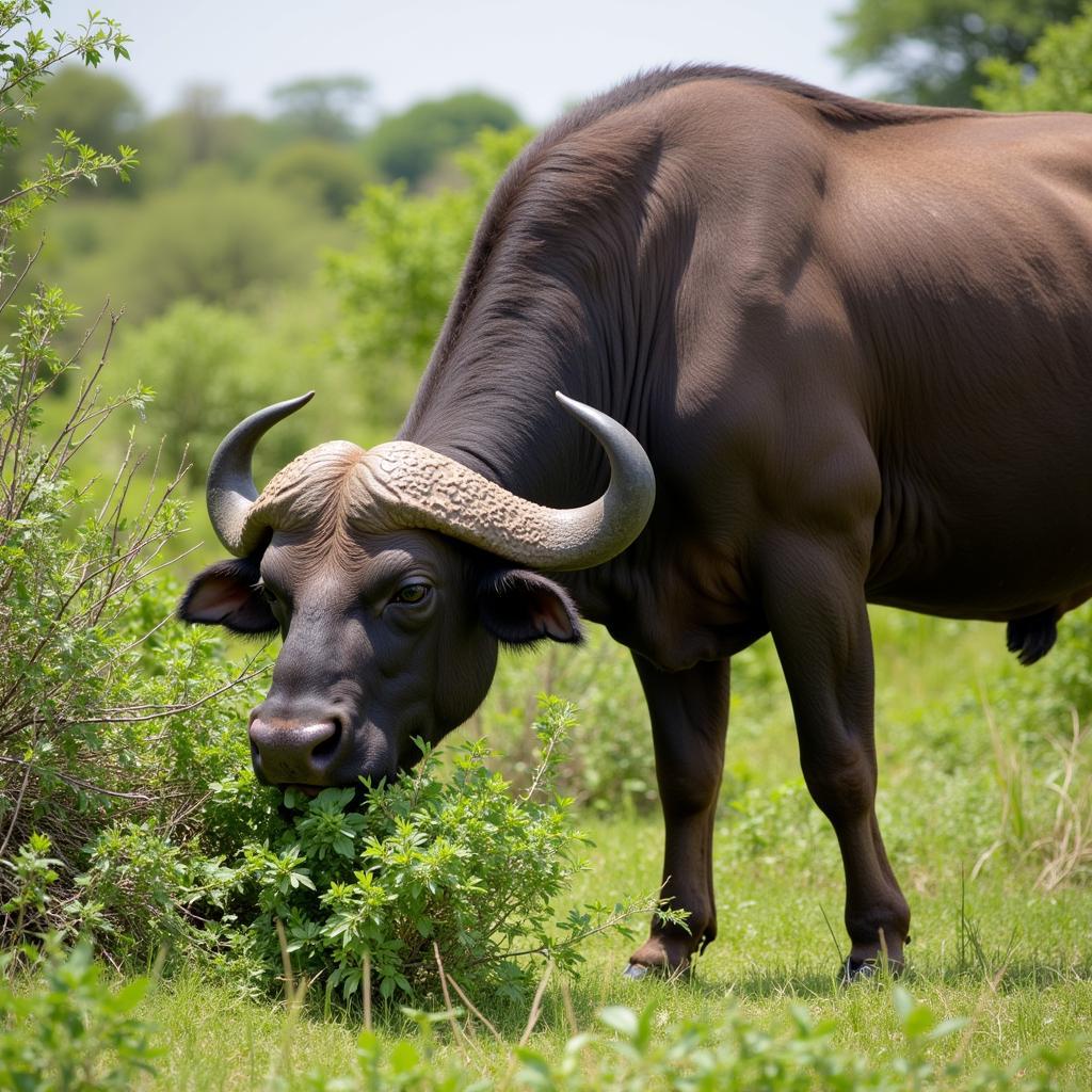 African buffalo bull grazing in the savanna