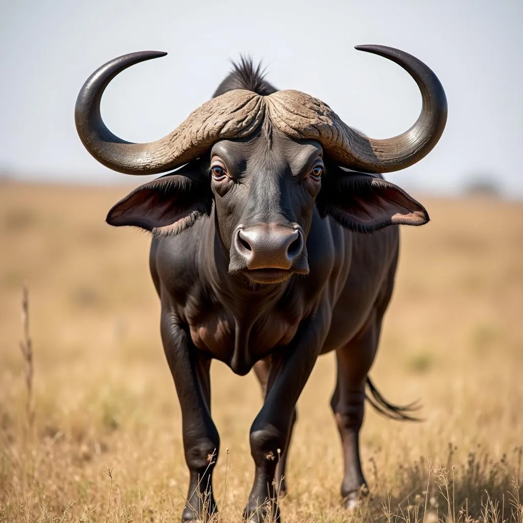 African Buffalo Bull with Large Horns on the Savanna