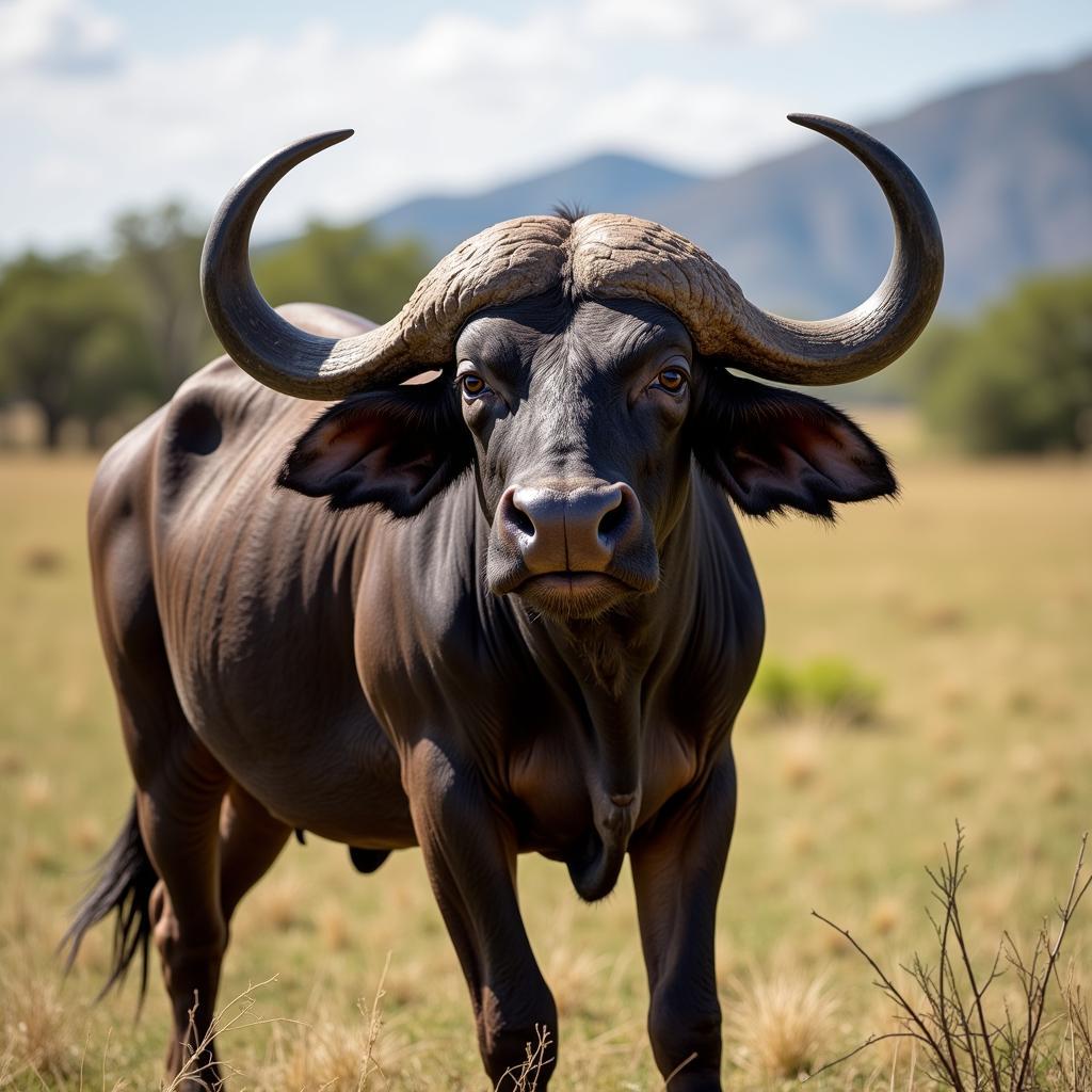 African buffalo bull standing in the savannah