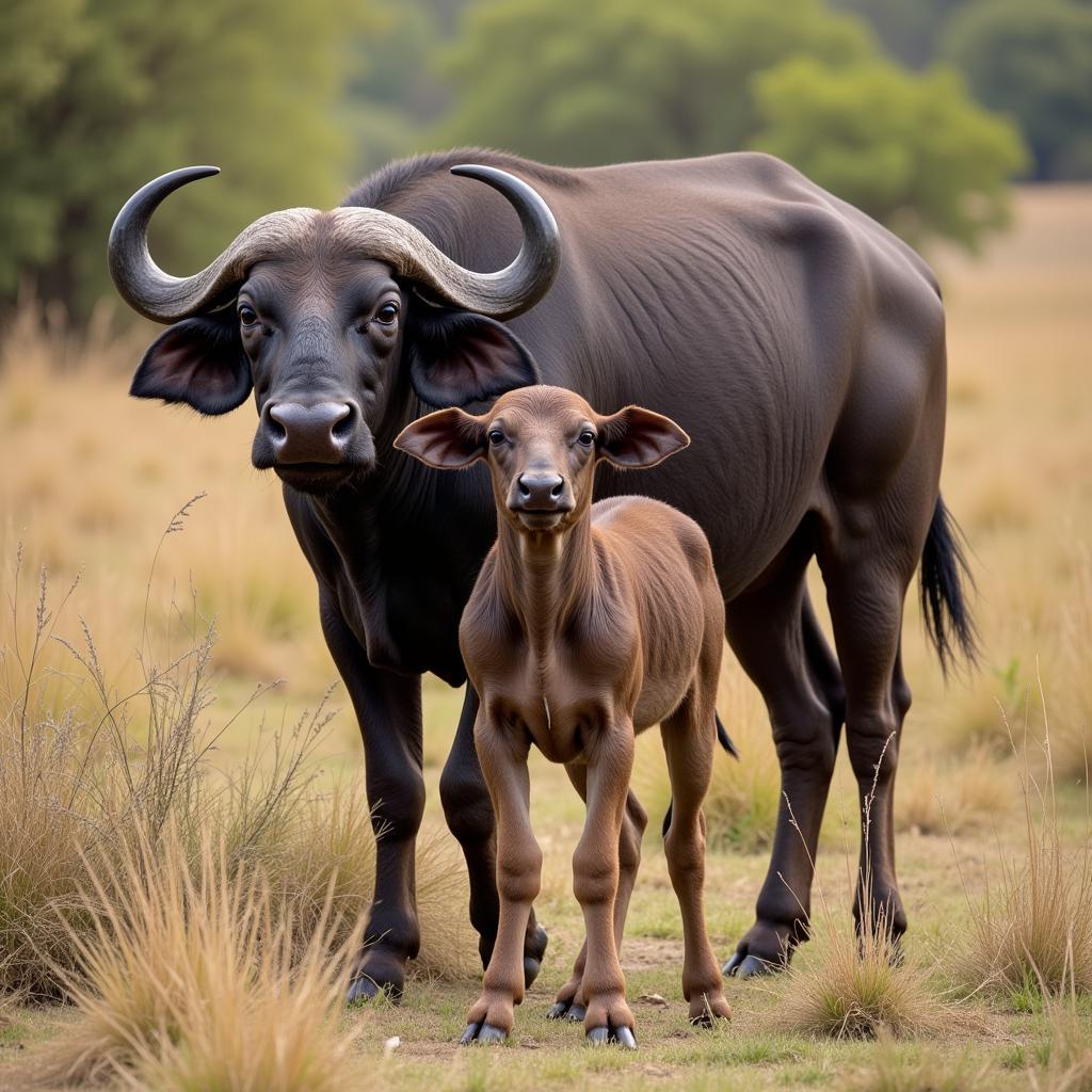 African Buffalo Calf with Mother