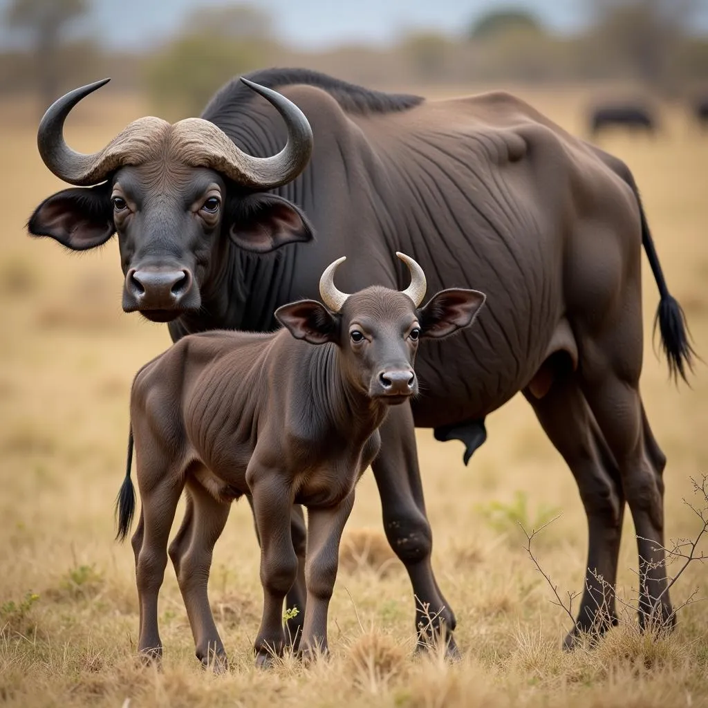 African buffalo calf with its mother for protection