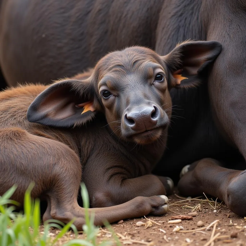 African Buffalo Calf Seeking Protection from its Mother