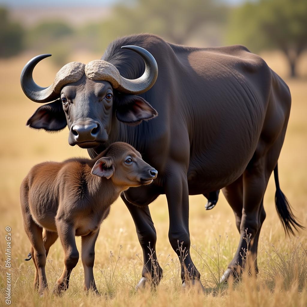 African Buffalo Calf with Mother