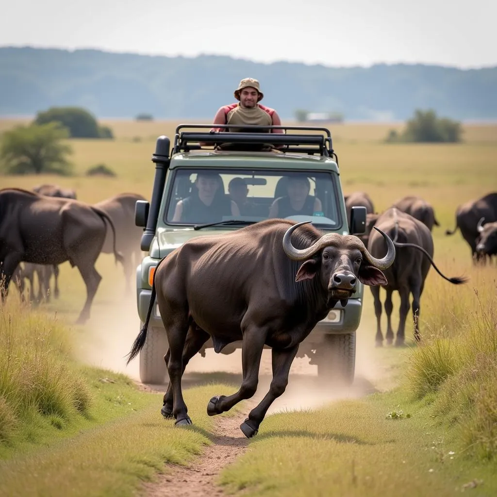 An African buffalo charging towards a vehicle in the Serengeti National Park