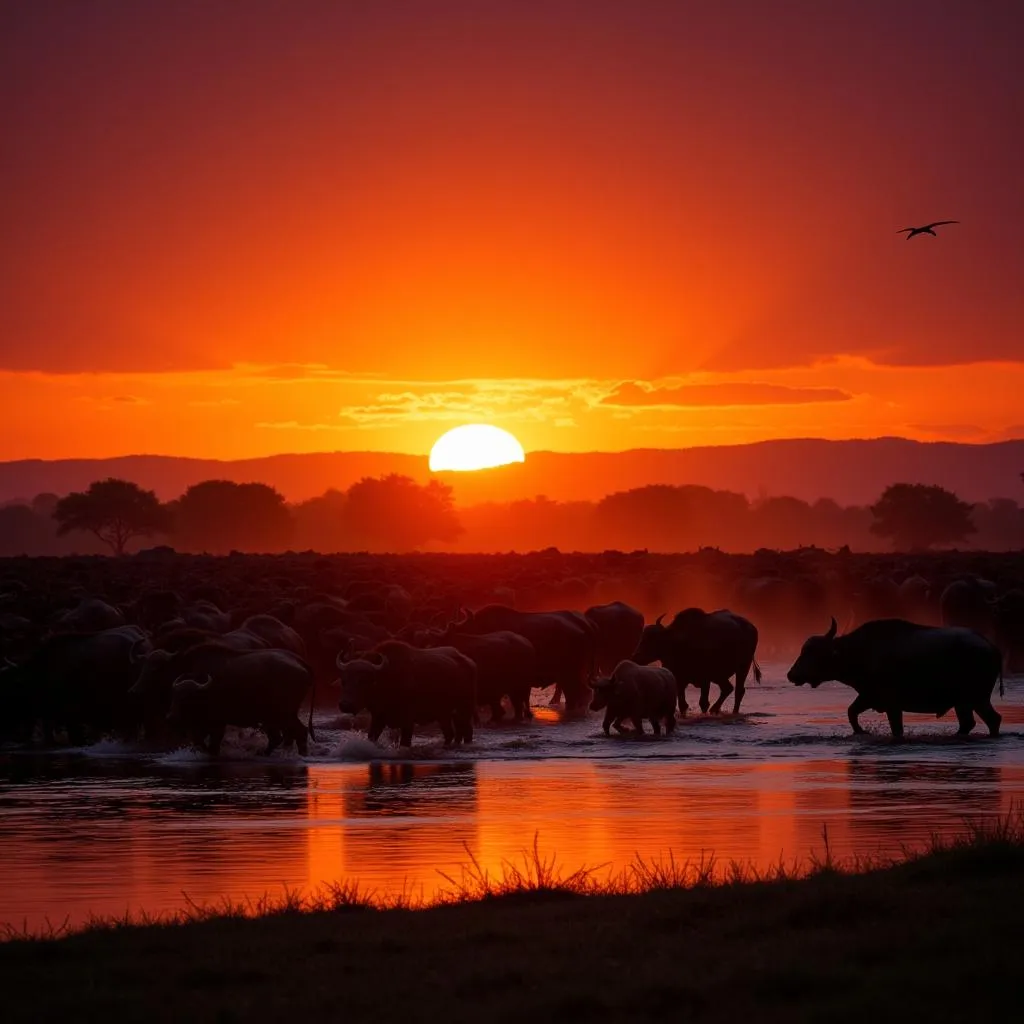 African Buffalo Herd Crossing a River at Sunset