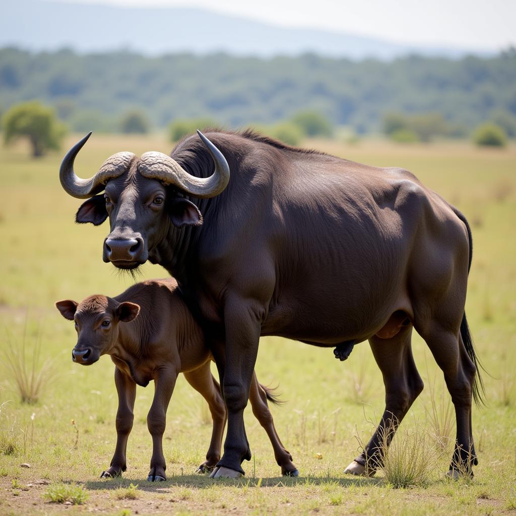 African Buffalo Defending Calf