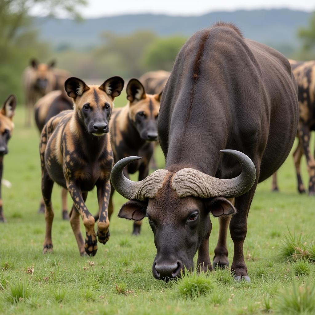 African Buffalo Grazing While Being Watched by African Wild Dog