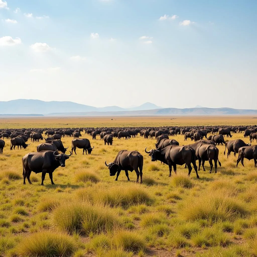 A herd of African buffalo grazing on the vast African savanna