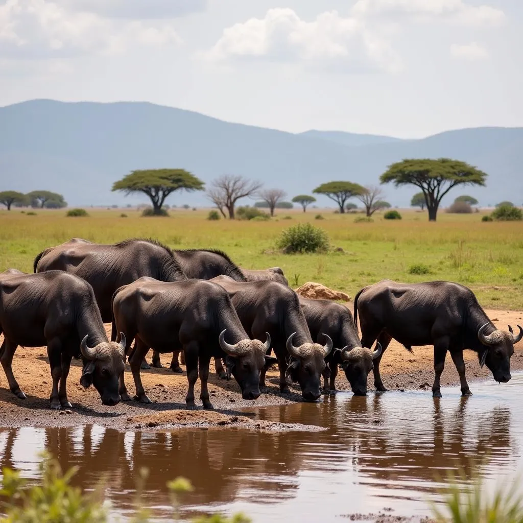 African buffaloes drinking water at a waterhole in the Serengeti National Park