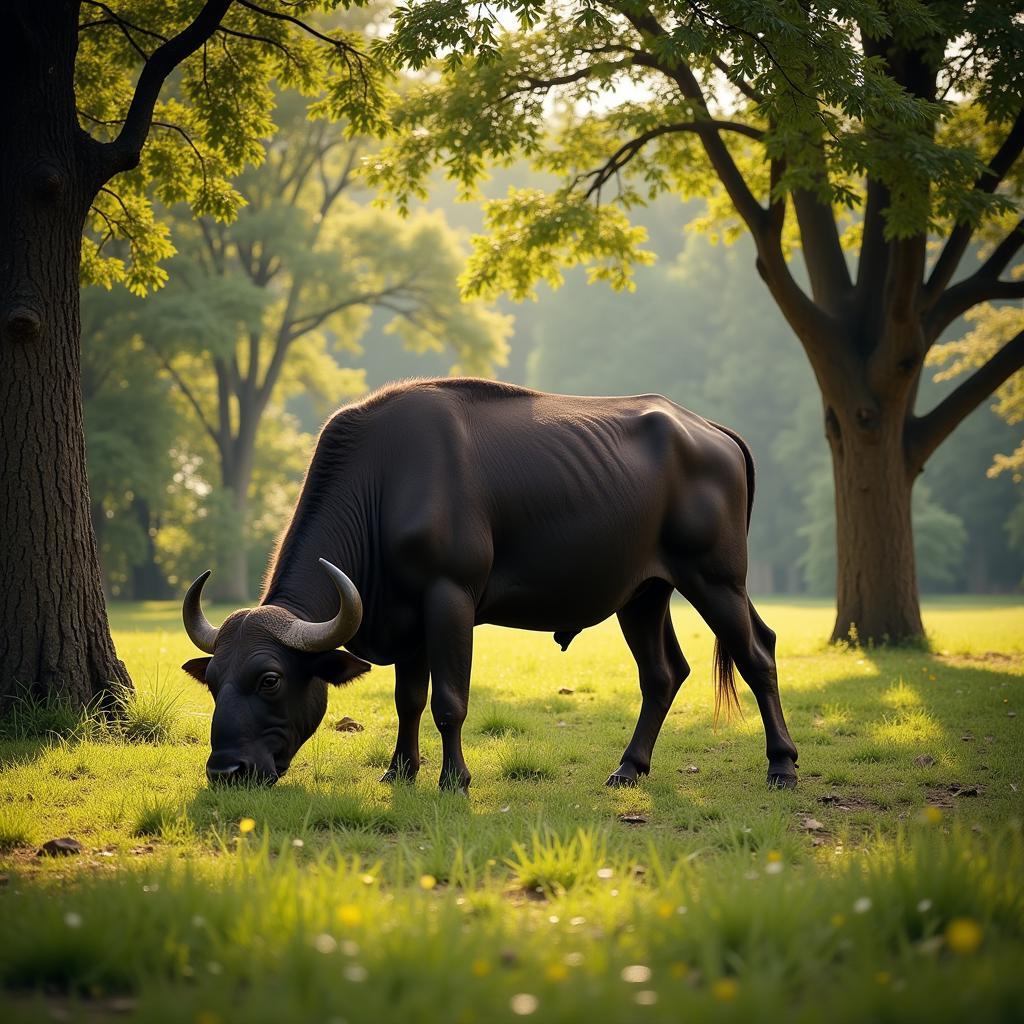 African buffalo grazing in woodland