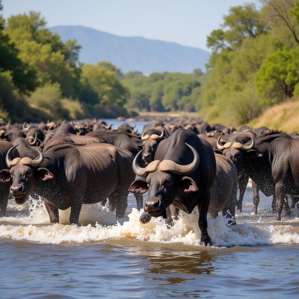 African Buffalo Herd Crossing River 