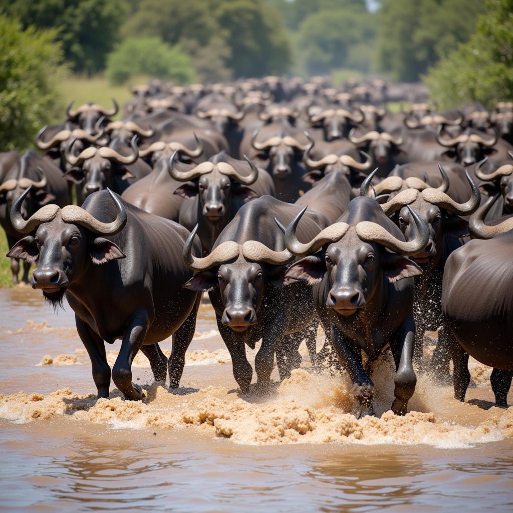 African Buffalo Herd Crossing River