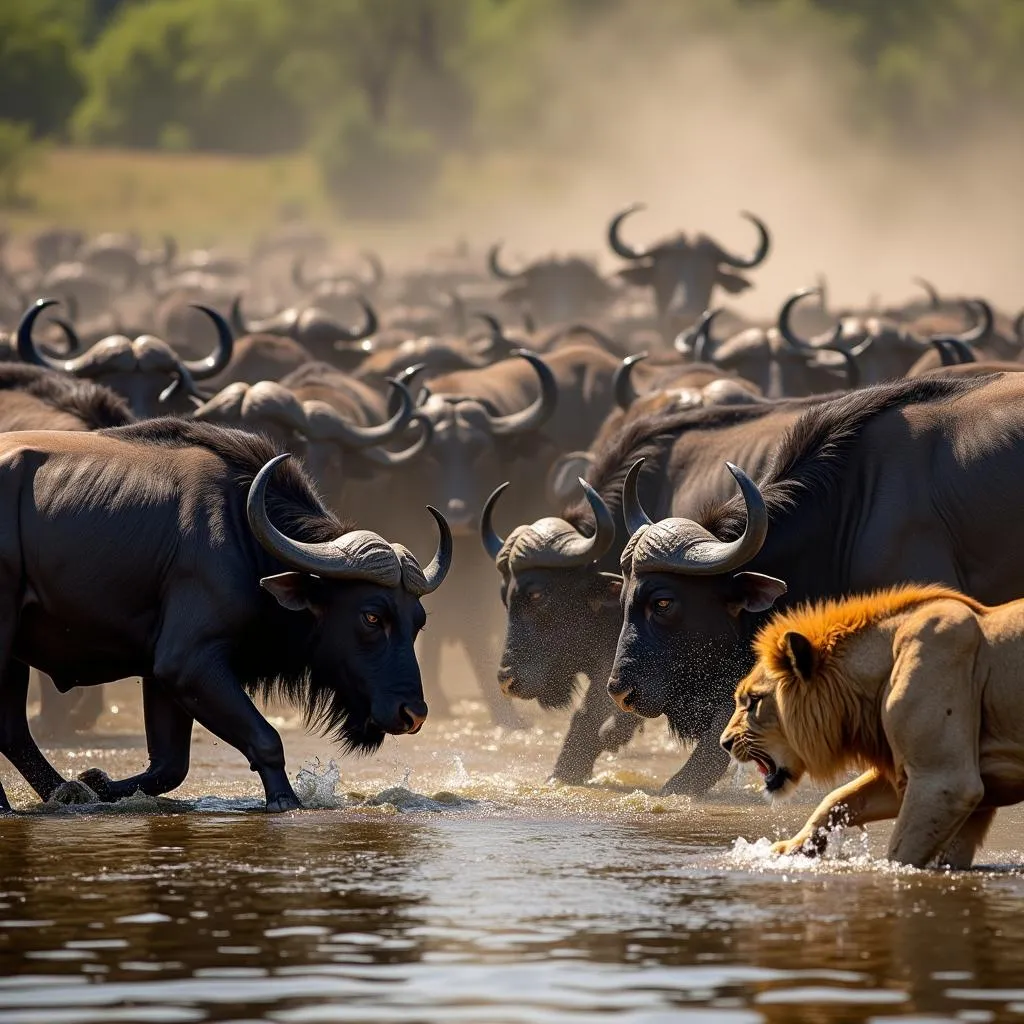 African Buffalo Herd Defending Against Lions at a Waterhole