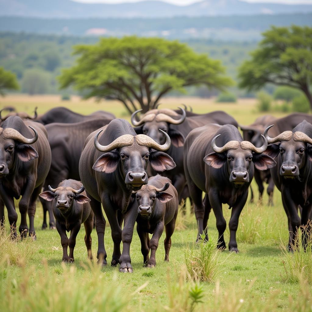 African Buffalo Herd Grazing