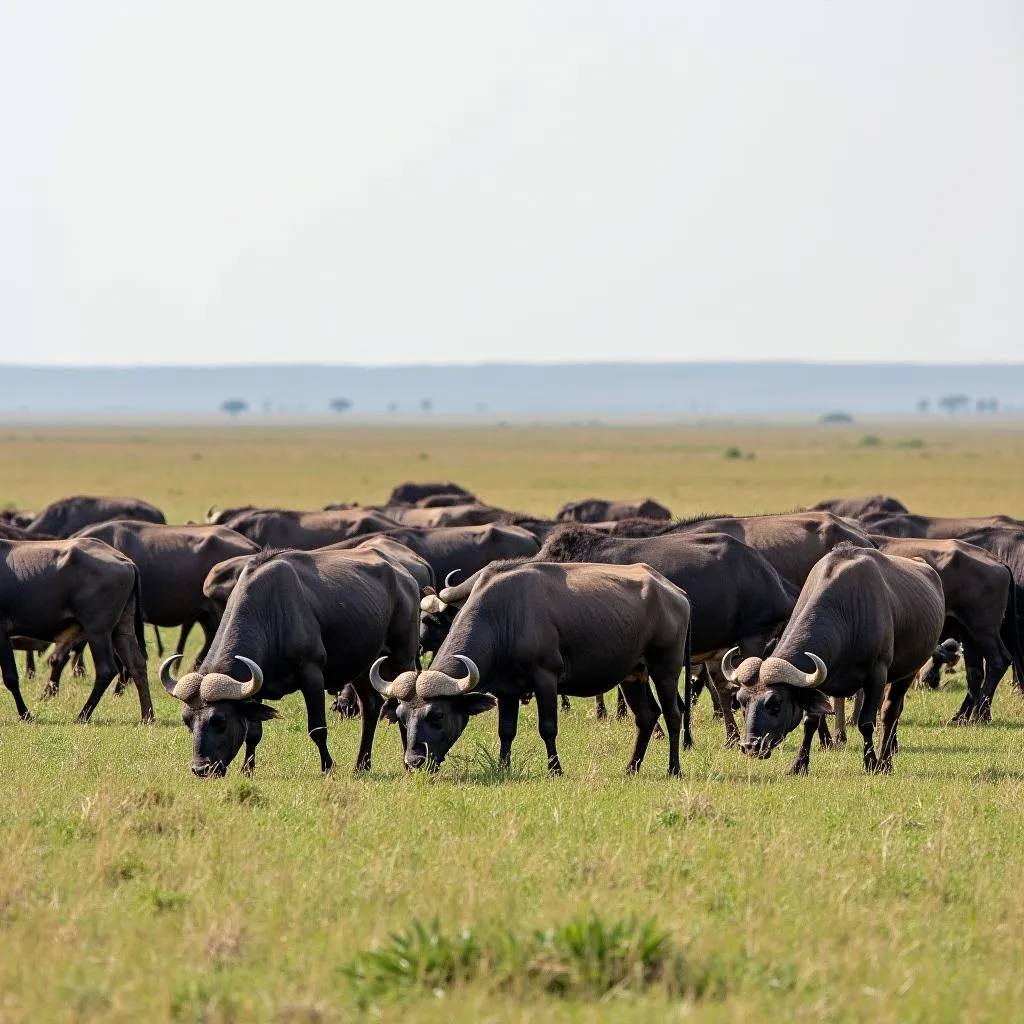 African Buffalo Herd Grazing on Open Grasslands