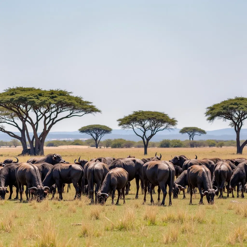 African buffalo herd grazing on savanna