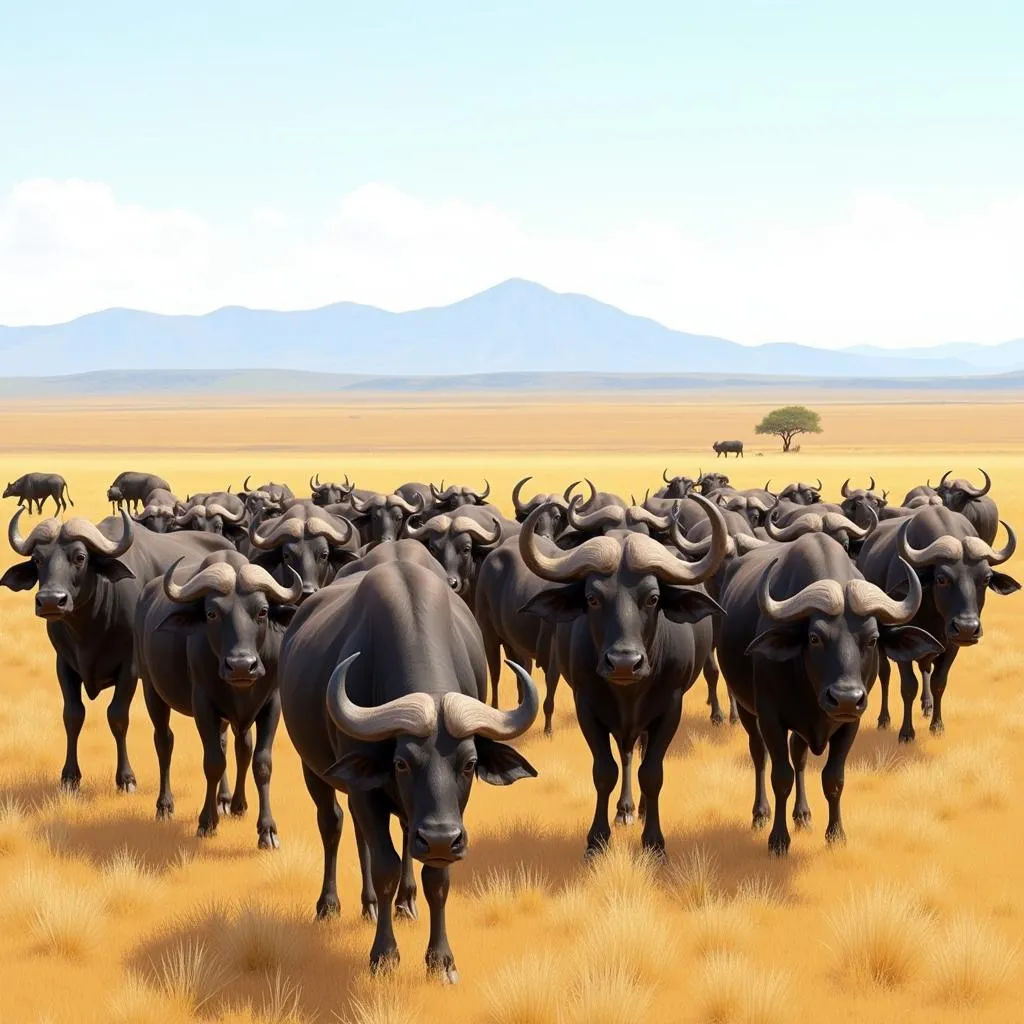 African buffalo herd grazing on the savanna