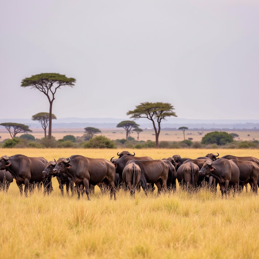 African Buffalo Herd Grazing on the Savanna