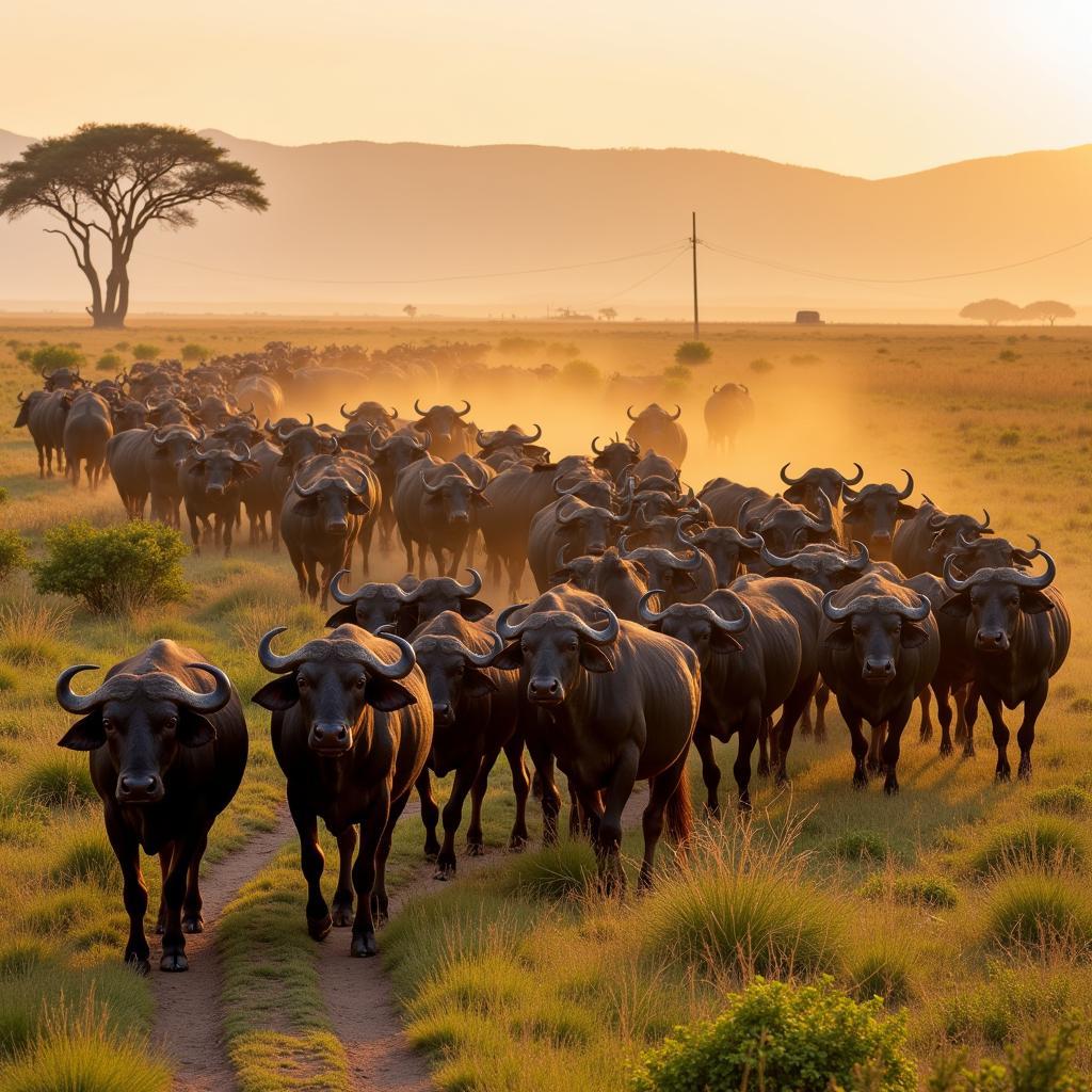 African Buffalo Herd Migration: A visual representation of a large herd of African buffalo migrating across the savanna, demonstrating their collective movement and decision-making process.