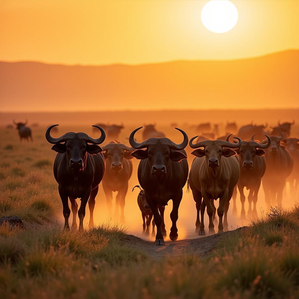 Herd of African Buffalo Roaming the Savanna