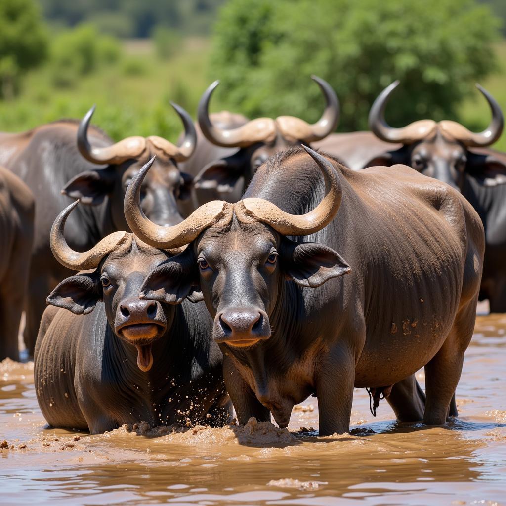 African buffalo wallowing in a mud pool at Lake Nakuru