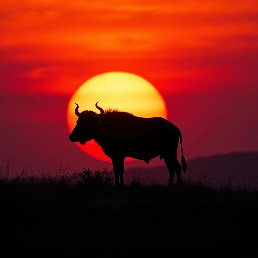 African buffalo silhouette against a sunset background