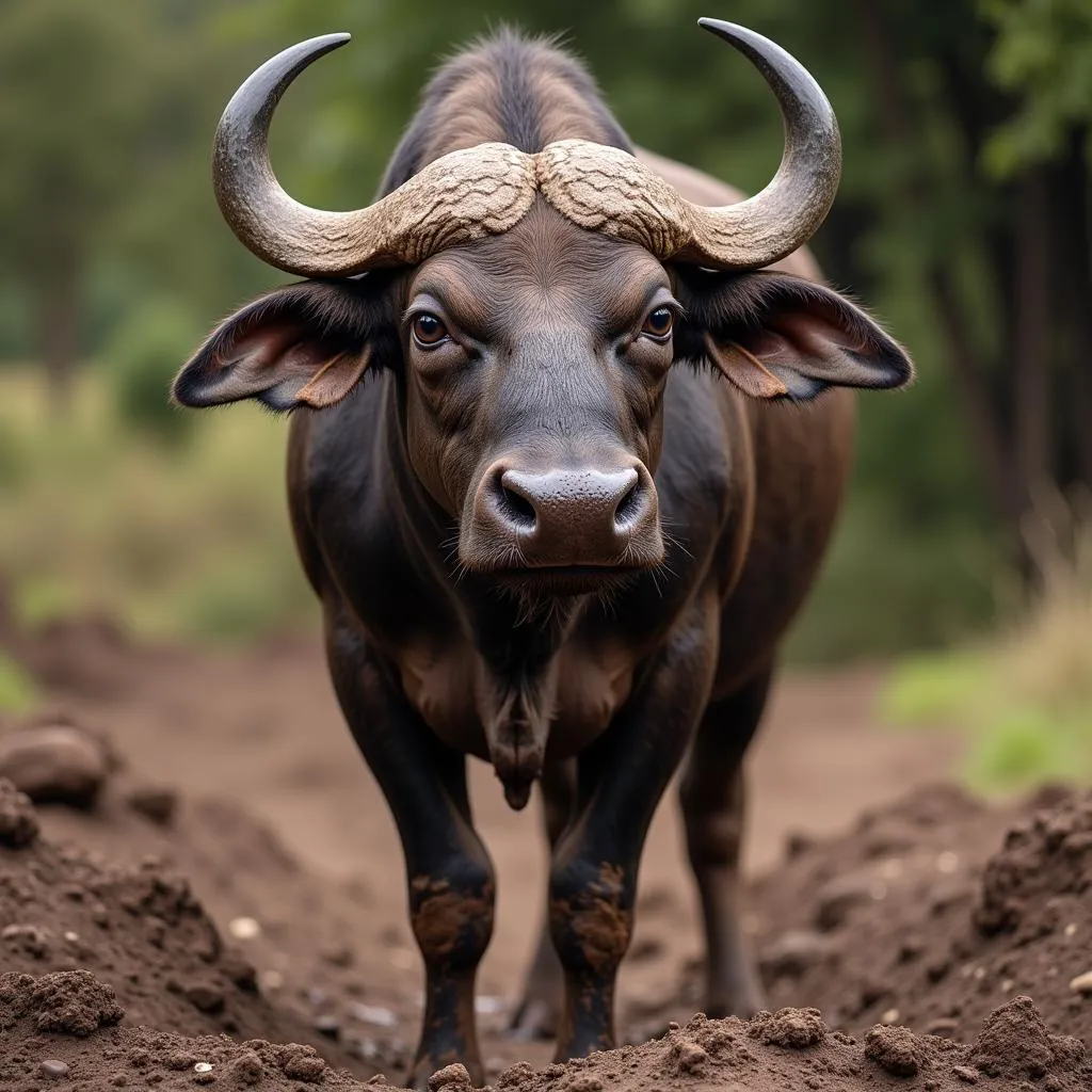 A lone African buffalo standing in a mud wallow