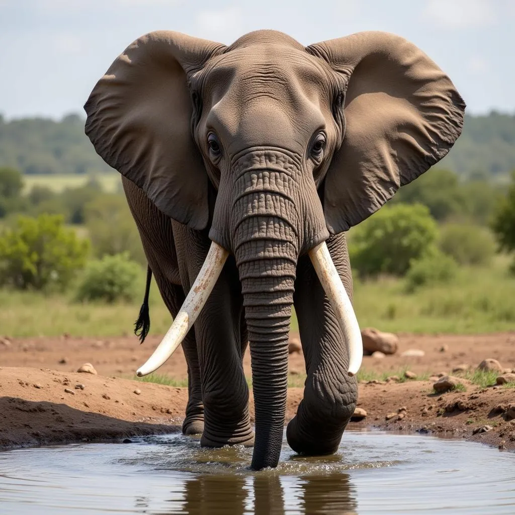 An African bull elephant drinking water from a watering hole