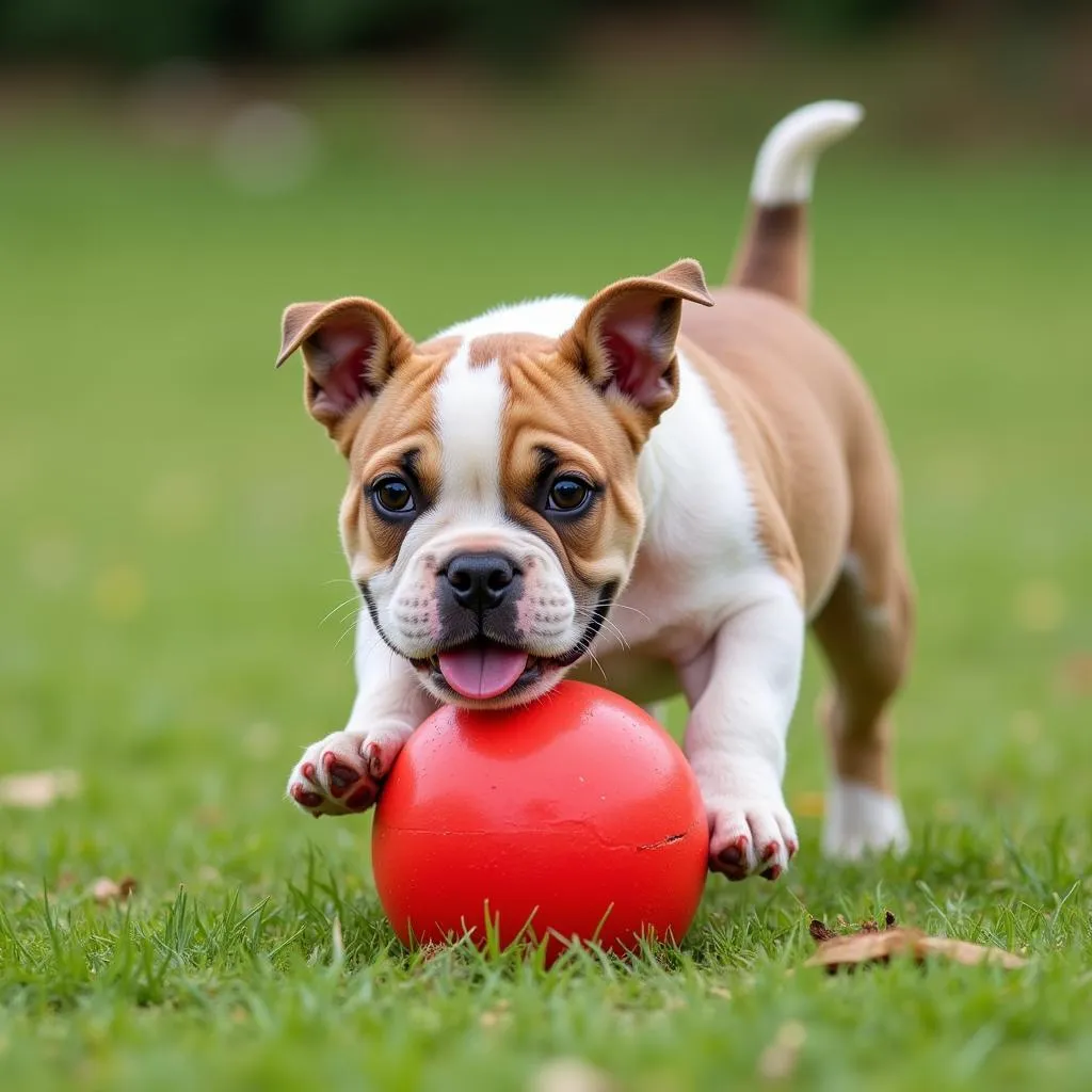 African Bulldog puppy playing with a ball