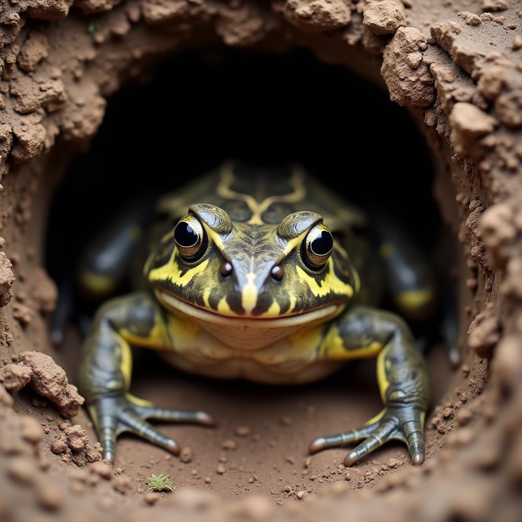 African bullfrog in its estivation burrow