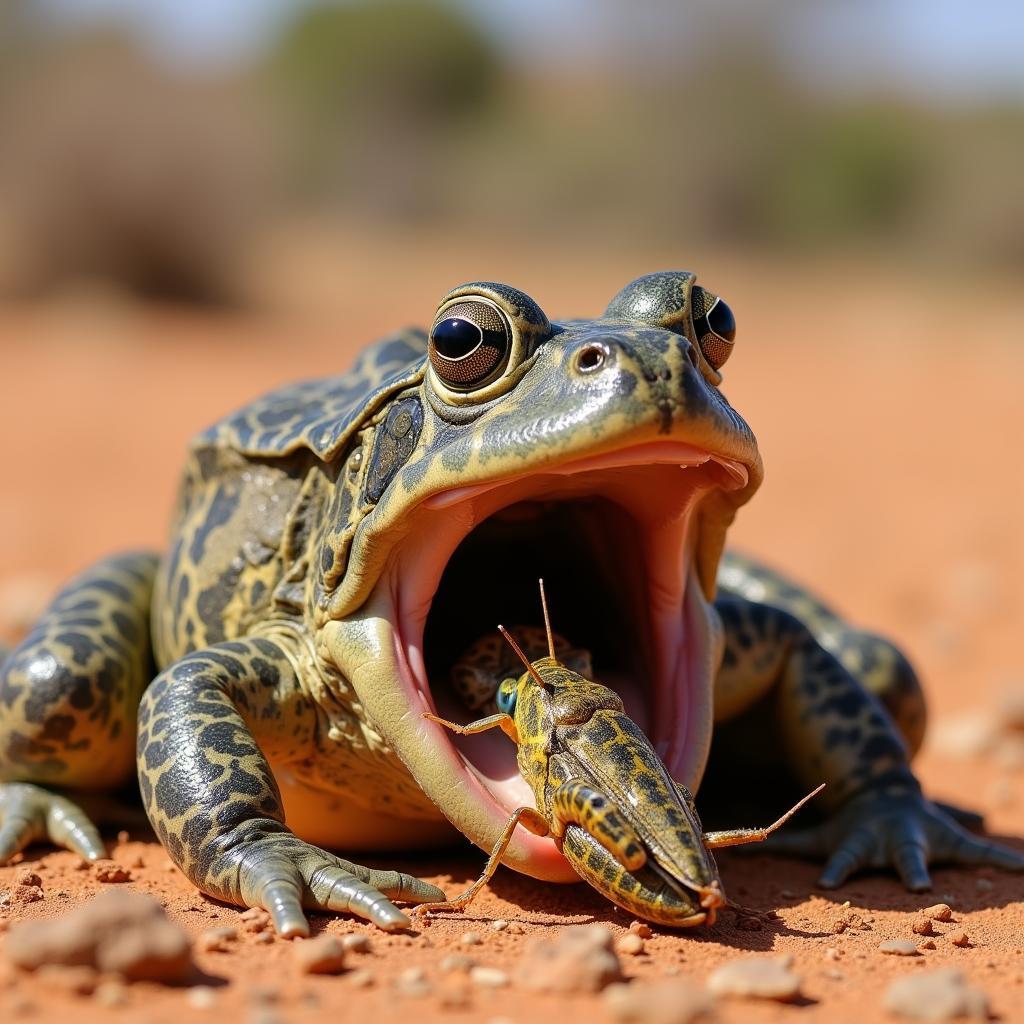 African Bullfrog Consuming a Large Insect